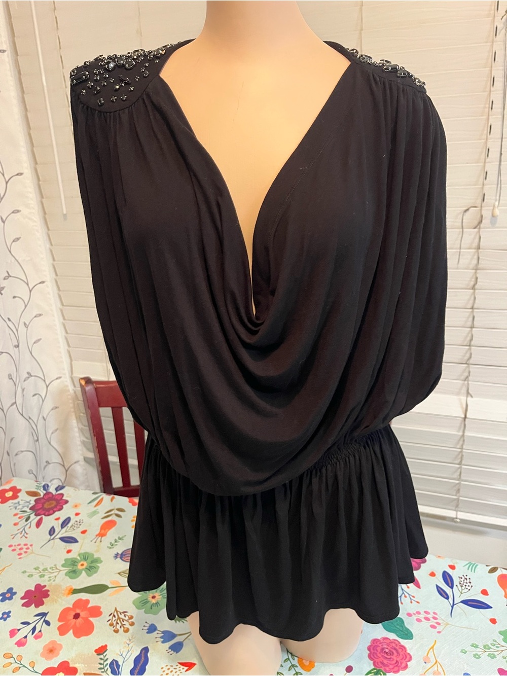 Black Embellished Shoulder Drape-Front Women's Tunic